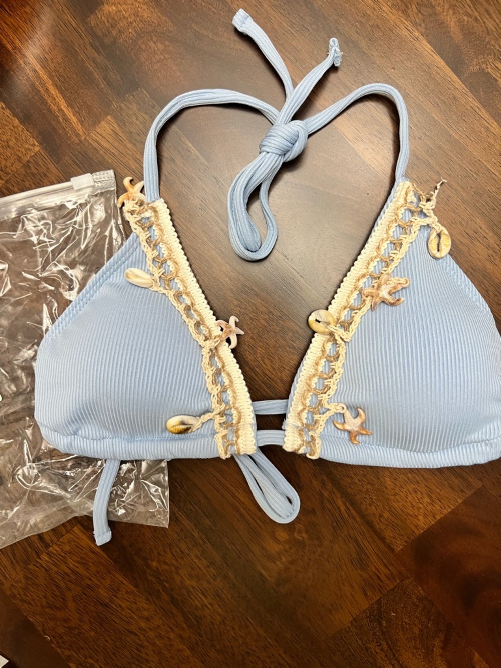 Light Blue Ribbed Crochet Trim Halter Shell Accents Side Tie Bikini Set - Picture 3 of 14